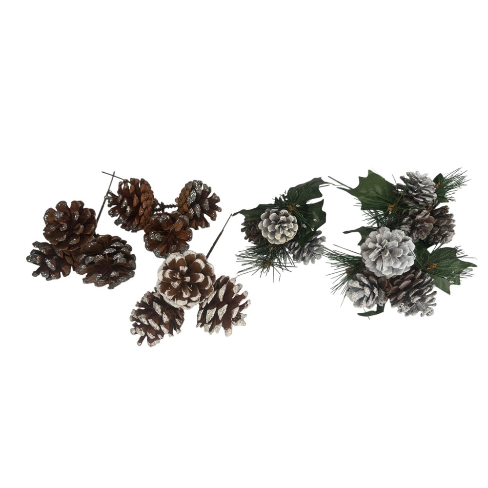Vintage Christmas Pinecone Floral Picks Lot 6‎ Silver Glitter Snowy Winter Decor